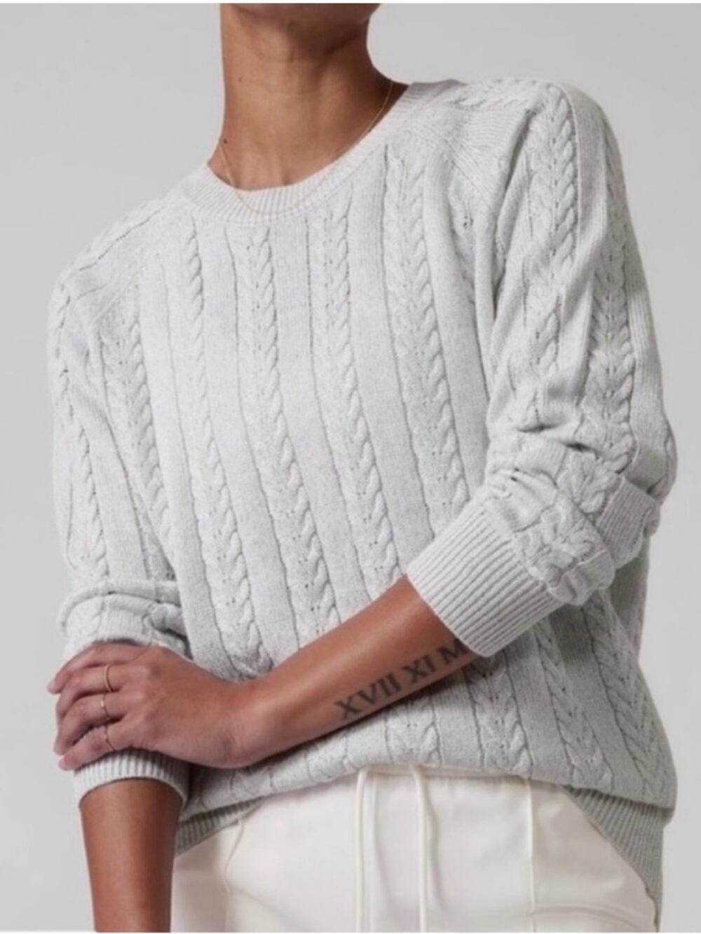 Athleta Crossroads Cable Knit Crew Sweater in Bright White Metallic - Size L